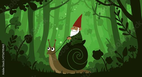 Charming cartoon gnome riding a snail through a lush green forest with glowing magical plants and mystical light isolated on white background