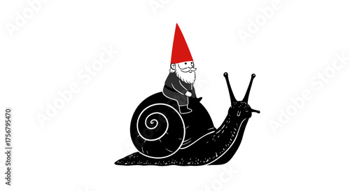 Whimsical gnome riding a black snail with a red pointed hat adorned with white accents in a surreal fantasy scene isolated on white background