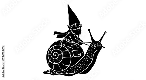 Whimsical garden gnome riding a snail silhouette fantasy creature illustration for enchanting designs isolated on white background