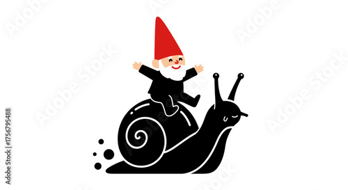 Whimsical garden gnome riding a snail with red hat against a white backdrop celebrating slow and steady progress isolated on white background