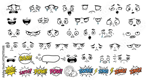Collection of cartoon faces expressing diverse emotions and comic speech bubbles for animated projects and graphic design elements isolated on white background
