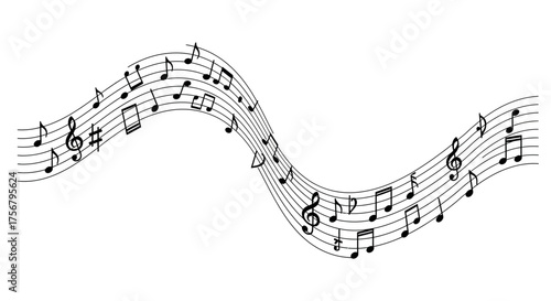 Abstract musical wave flowing through space representing sound melody and harmony with notes and symbols on isolated on white background