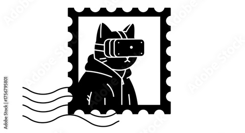 Whimsical black cat avatar in virtual reality vr goggles postage stamp art stamp design graphic isolated on white background