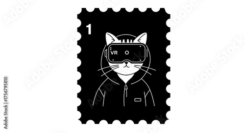 Quirky cat wearing vr headset stamp design in stylized outline art for digital art and collectible enthusiasts isolated on white background