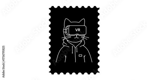 Creative stamp design featuring a cool cat wearing vr goggles and hoodie futuristic digital art style abstract stamp artwork isolated on white background