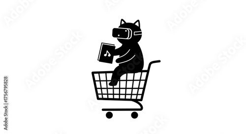 Whimsical black cat wearing vr headset rides in shopping cart holding bag of groceries and product symbol isolated on white background