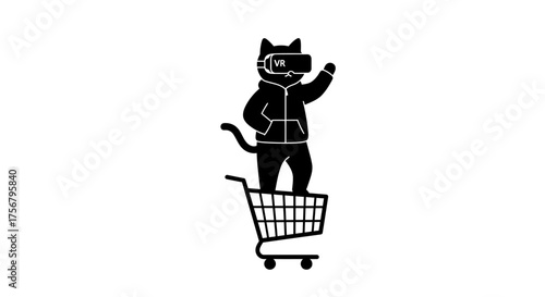 Whimsical black cat wearing vr goggles riding a shopping cart exploring digital metaverse experiences isolated on white background