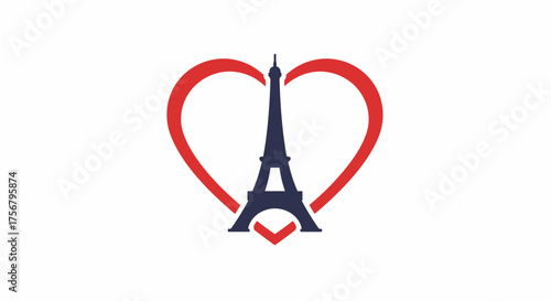 Eiffel tower icon centered within a stylized red heart shape symbolizing love and romance for paris travel and tourism isolated on white background