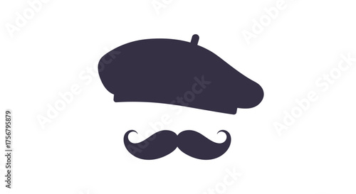 Classic french beret and mustache symbol silhouette isolated represents parisian culture and artistic heritage isolated on white background