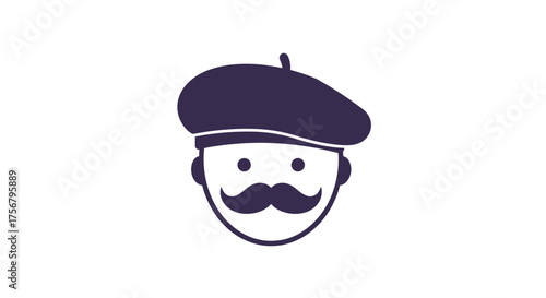Whimsical french artist icon with beret and mustache iconic character symbolizing creativity and european culture distinctive design isolated on white background