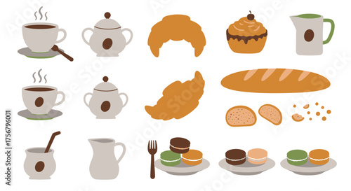 Delicious bakery assortment including croissants muffins bread coffee tea sugar bowl creamer and pastries isolated for culinary design isolated on white background