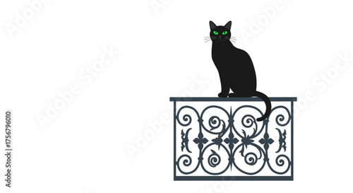 Elegant black cat perched atop ornate decorative metal fence elegant silhouette mystical night creature posing gracefully isolated on white background