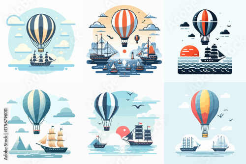 vector set of hot air balloons lifting ships