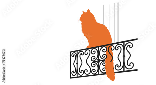 Vibrant orange cat perched gracefully on ornate black metal balcony railing against a clean white canvas isolated on white background