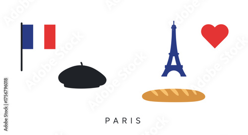 Iconic parisian symbols including the eiffel tower french flag beret baguette and red heart evoking travel romance and culture isolated on white background