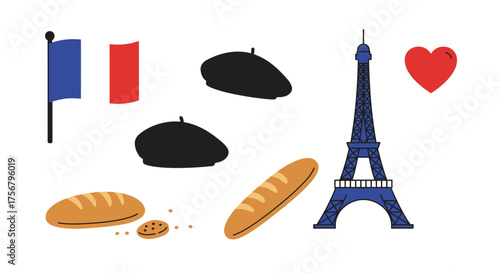 Iconic french symbols including eiffel tower berets baguettes flag and red heart celebrating parisian culture and travel destinations isolated on white background