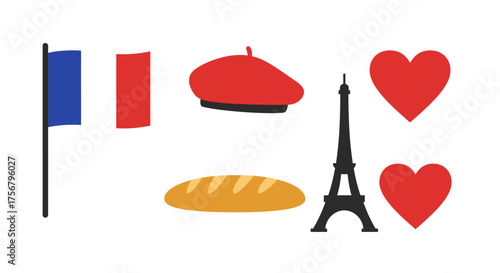 Iconic french symbols collection featuring eiffel tower flag baguette beret and hearts for parisian travel and culture representation isolated on white background
