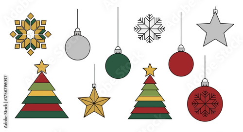 Collection of Festive Christmas Decorations including Ornaments, Stars, and Snowflakes