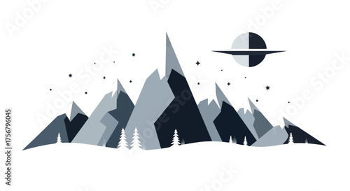 Minimalist vector illustration of an abstract mountain landscape at night with sharp peaks, sparse trees, and a unique celestial body, suitable for modern graphic design