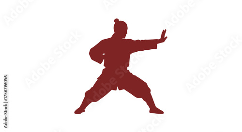 Martial arts master demonstrates powerful kung fu stance with dynamic movement and balanced pose for combat training and self-defense isolated on white background