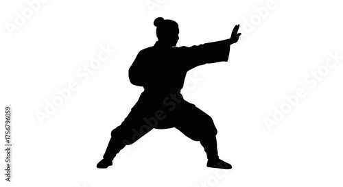Martial arts silhouette warrior dynamic pose ready for combat training and zen meditation peaceful warrior athlete isolated on white background