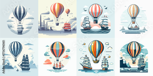 vector set of hot air balloons lifting ships