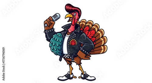 Rock and roll turkey singing with microphone wearing leather jacket.