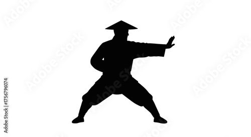 Martial arts silhouette of a traditional warrior in a dynamic stance performing a defensive kung fu move isolated on white background