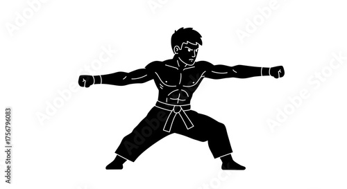 Silhouette of martial artist in dynamic fighting stance ready for combat action powerful warrior posing with fists clenched displaying strength and agility isolated on white background