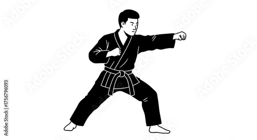 Martial arts karate black belt warrior performing punching technique in dynamic stance ready for combat training isolated on white background