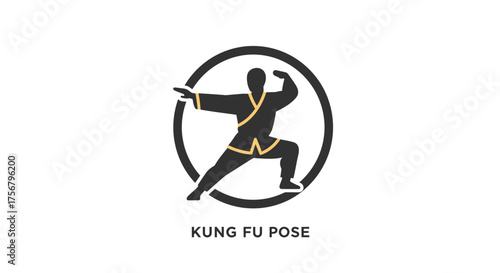 Dynamic martial arts silhouette embodiment of strength and discipline kung fu warrior pose centered within a circle symbolizing unity and focus. isolated on white background