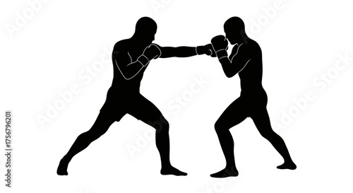 Silhouette of two boxers sparring in a dynamic fight pose showing intense combat and athleticism in a sporting contest isolated on white background