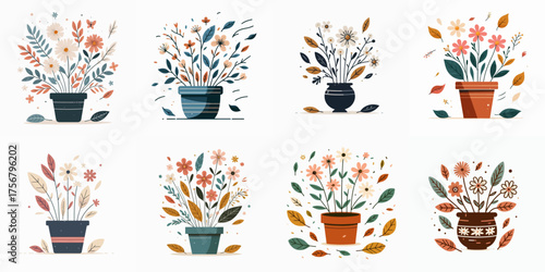 vector set of deciduous plants in pots