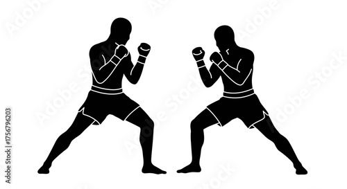 Two silhouetted boxers in fighting stance ready for combat dynamic martial arts sports action representing strength determination and competition isolated on white background