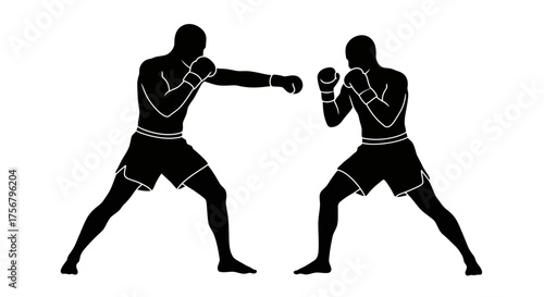 Dynamic silhouette boxing match two fighters sparring in action pose ready to punch competing athletes displaying athleticism and combat sports isolated on white background