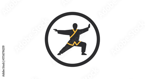 Martial arts silhouette fierce warrior performing dynamic kung fu pose in circular emblem symbolizing discipline and strength isolated on white background