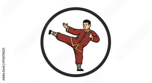Martial arts fighter performing high kick inside circular emblem symbolizing discipline strength and skill isolated on white background
