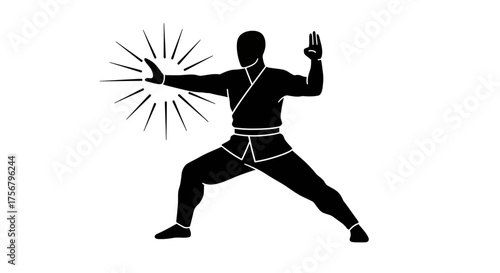 Martial arts master demonstrates powerful energy blast in dynamic karate pose silhouette isolated on white background