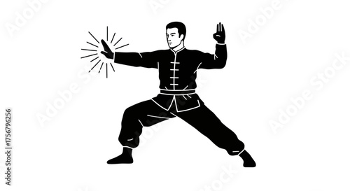 Dynamic martial arts master performs powerful kung fu move in traditional black uniform showcasing energetic spirit and discipline isolated on white background