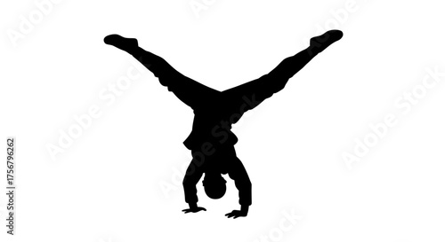 Dynamic silhouette of a gymnast performing a handstand with legs spread wide in a powerful athletic pose capturing movement and strength isolated on white background