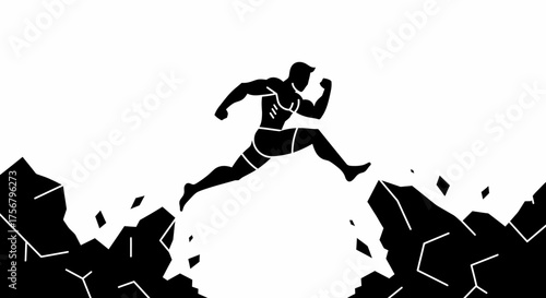 Dynamic silhouette athlete leaps over chasm symbolizing overcoming challenges determination and achievement isolated on white background