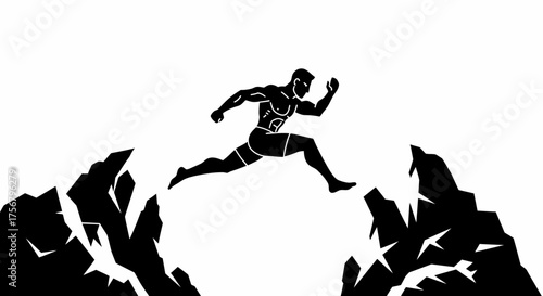 Photography Athletic silhouette man leaping over rocky chasm symbolizing challenge achieveme