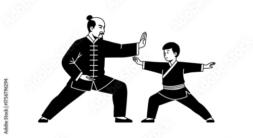 Martial arts master teaches young student traditional kung fu forms and discipline in a stylized black and white design. isolated on white background