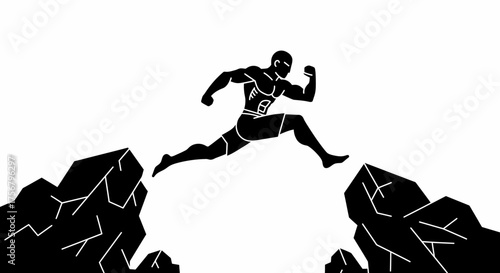 Athlete leaping across a chasm between two rocky outcrops symbolizing overcoming challenges and achieving ambitious goals with dynamic energy and determination isolated on white background