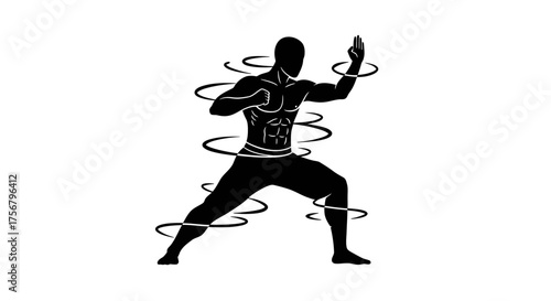 Martial arts fighter silhouette performing dynamic attack with swirling energy effect isolated on white background