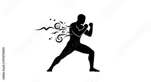 Dynamic silhouette of a boxer in action with abstract swirling energy emanating from the back symbolizing power and motion isolated on white background