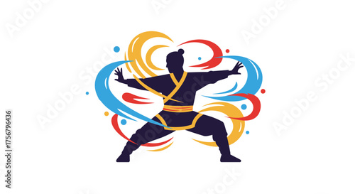 Dynamic silhouette of a martial artist performing a powerful stance surrounded by vibrant swirling energy abstract shapes isolated on white background