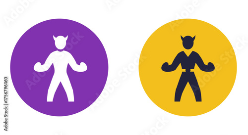 Two circular icons one depicting a white humanoid figure on purple and another a black devilish figure on yellow representing contrast and choice isolated on white background
