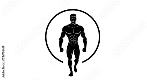 Strong muscular man silhouette walking forward inside a circle emblem representing fitness strength health and determination isolated on white background