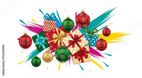 Colorful Christmas Gifts and Ornaments with Abstract Splashes Background
